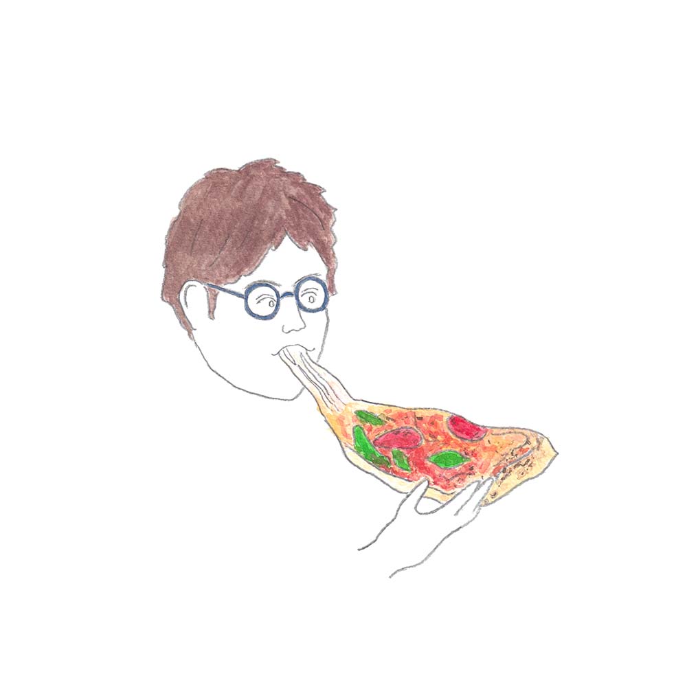 ピザを食べる男の子の手描きイラスト