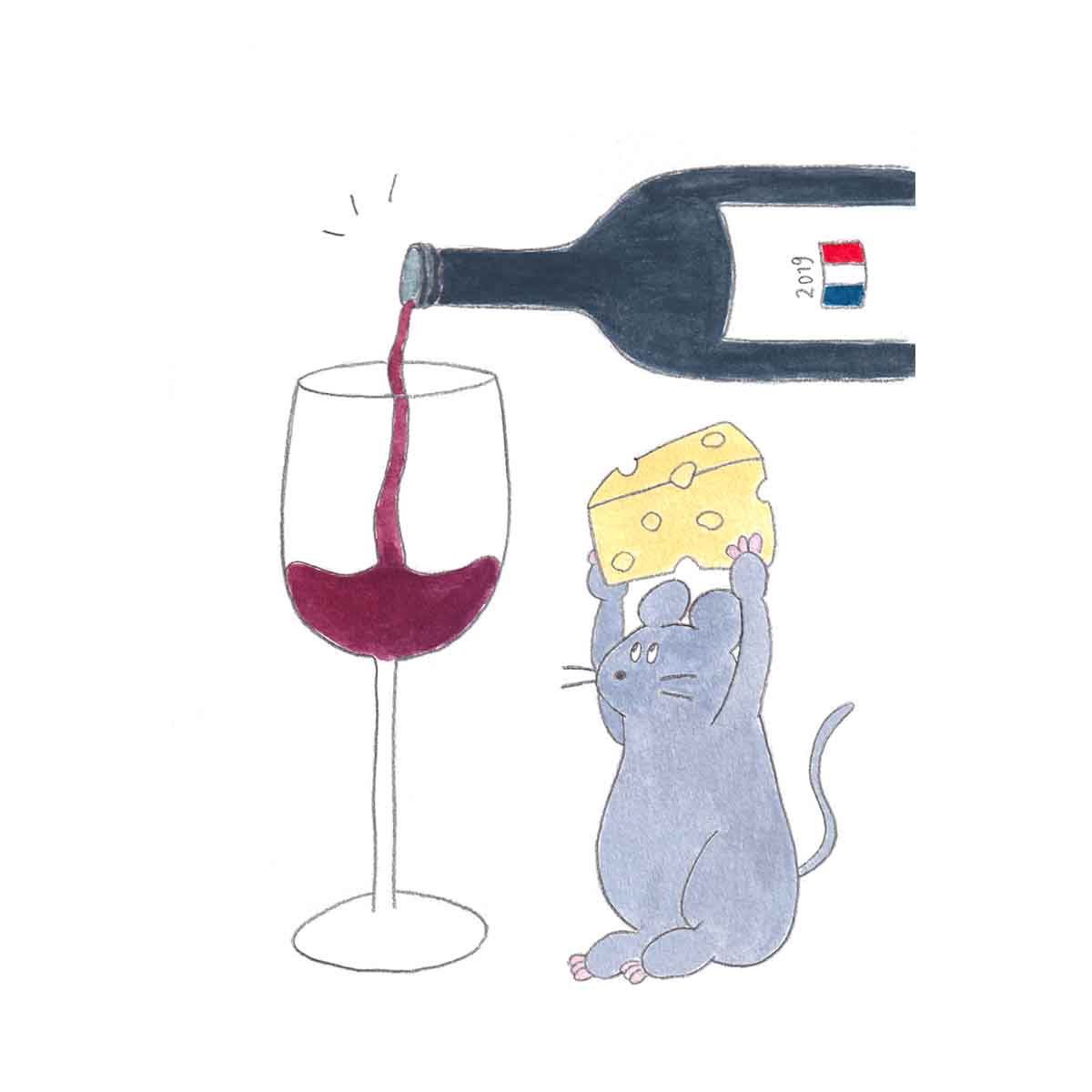 かわいいネズミとワインのゆるいキャラクターイラスト