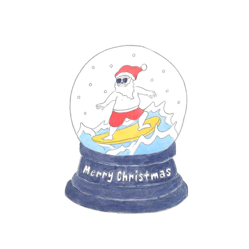 かわいいサンタがサーフィンをするスノードームのクリスマスイラスト