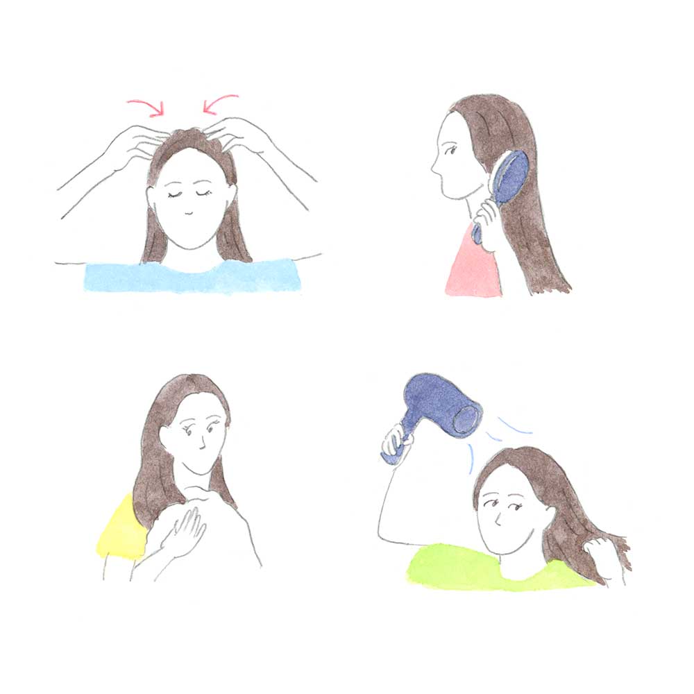 女性がヘアケアをするシンプルな手描きの美容イラスト